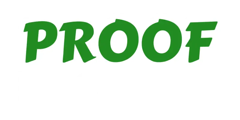 Logo mit der Aufschrift PROOF BROTHER in fetten weißen und grünen Buchstaben, eingerahmt von weißen Klammern.