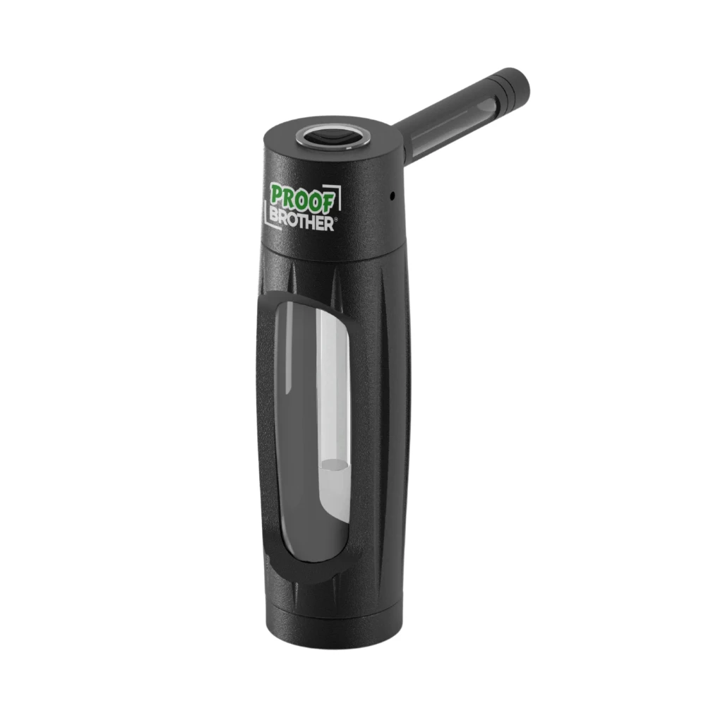 Schwarzer und transparenter Proof Brother Pocket Infuser, aufrecht stehend auf weißem Hintergrund.
