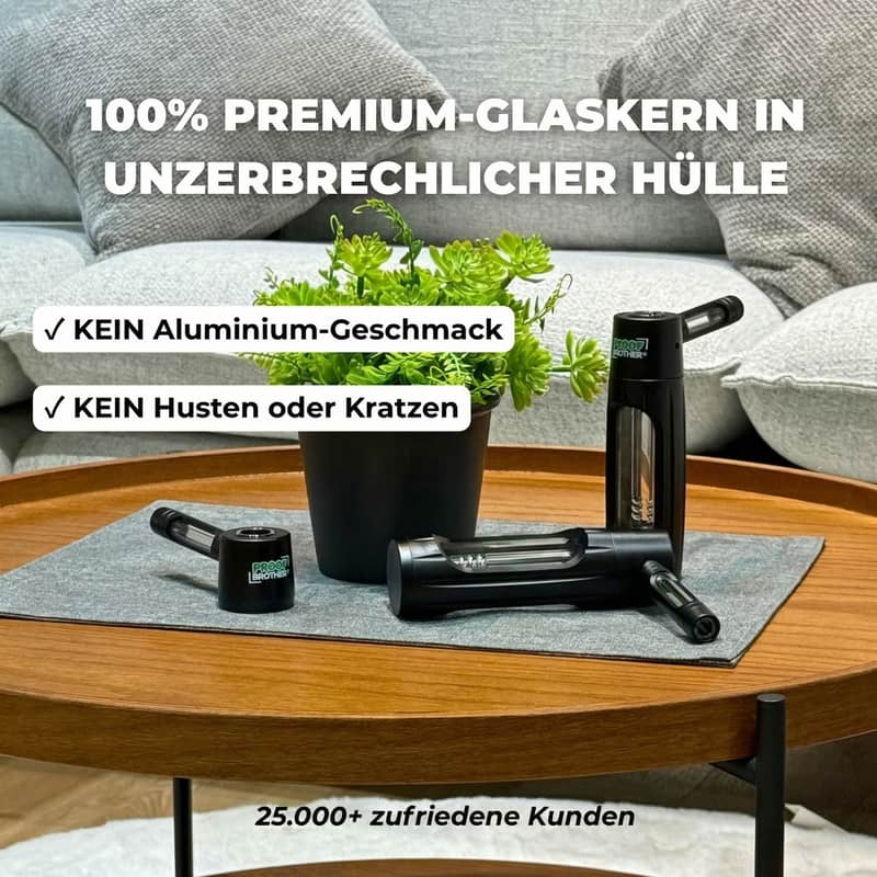 ProofBrother Pocket Infuser im Blubber-Modus mit sichtbarem Premium-Glaskern auf Wohnzimmertisch